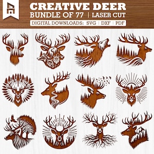 77 Creative Deer Head Svg Dxf Pdf Bundle for Laser Cut and Engrave, Antler Wildlife Designs for Wood Decor, Gifts, and Sign Projects