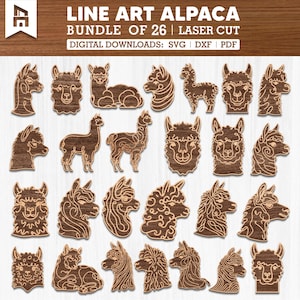 Puede incluir: Un conjunto de 26 diseños de alpaca de arte lineal para corte por láser. Los diseños incluyen varias poses y estilos de alpacas, incluyendo cabezas, cuerpos completos y versiones estilizadas. Los diseños son perfectos para crear artesanías y decoraciones únicas.