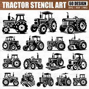 Puede incluir: Un conjunto de 60 ilustraciones de siluetas de tractores en blanco y negro. Los tractores están en varias poses, incluyendo conducir, arar y estar quietos. Las ilustraciones son perfectas para usar en proyectos de manualidades, scrapbooking o como clipart digital.