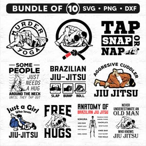 Puede incluir: Un paquete de 10 diseños digitales con varias ilustraciones temáticas de jiu-jitsu. Los diseños incluyen frases como "Murder Yoga", "Tap or Nap", "Some People Just Need a Hug", "Brazilian Jiu-Jitsu", "Aggressive Cuddler", "Just a Girl Who Loves Jiu-Jitsu", "Free Hugs", "Anatomy of Brazilian Jiu-Jitsu", y "Never Underestimate an Old Man Who Knows Jiu-Jitsu".