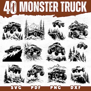 以下が含まれることがあります： さまざまなポーズをとったモンスタートラックの白黒ベクターイラスト40点セット。トラックは、岩、丘、その他の障害物を乗り越えて走行している様子が描かれています。イラストは、デザイン、クラフト、その他のプロジェクトで使用するために最適です。