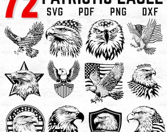 72 Patriotic Eagle SVG DXF PDF Bundle for Cricut Crafts, American Flag Bird Silhouette Clipart, Bald Eagle Cut Files for 4th of July