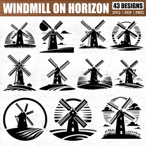 43 windmolen aan de horizon SVG-bundel voor Cricut en lasergesneden, windmolensilhouet PNG-pdf-bestanden voor rustieke landhuisdecorprojecten