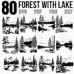 80 Forest Lake SVG PNG PDF Dxf Bundle for Laser Cutting Cricut Silhouette Engraving Nature Scene Clipart Digital Landscape Files