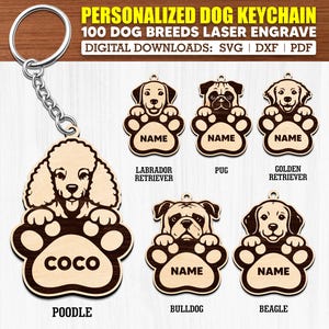 Pode incluir: Chaveiros de cão de madeira com designs gravados a laser. Os chaveiros apresentam várias raças de cães, incluindo um poodle, um labrador, um pug, um golden retriever, um buldogue e um beagle. Cada chaveiro tem uma base em forma de pata.