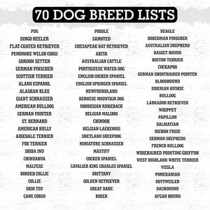 Puede incluir: Una lista de 70 razas de perros, incluyendo Pugs, Caniches, Beagles, y m&aacute;s. El t&iacute;tulo "70 LISTAS DE RAZAS DE PERROS" est&aacute; en negrita, en negro en la parte superior. Las razas est&aacute;n organizadas en dos columnas sobre un fondo blanco.