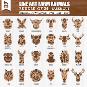 May include: A bundle of 24 laser-cut line art farm animal designs, featuring a sheep, rabbit, cow, goat, camel, yak, pig, dog, horse, and other animals. Digital downloads are available in SVG, DXF, and PDF formats.