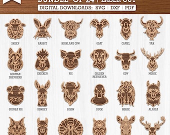 24 Line Art Farm Animals Svg Pdf Dxf - Farm Multilayer, Floral Animal Laser Cut, Glowforge Svg, Laser cut mandala, Sun Catchers, Cnc Plasma