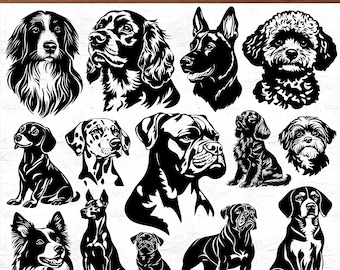 May include: A collection of 240 black and white stencil art dog illustrations, featuring 60 different breeds. The image includes a variety of dog breeds, including a German Shepherd, a Golden Retriever, a Bulldog, a Beagle, and a Poodle.