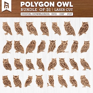 31 Polygon Owl Laser Cut File Bundle, Geometric Owl Svg Dxf Pdf, Digital Download Vector File for Glowforge, Cricut, CNC, Laser Engraving