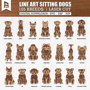 105 razas de perros, arte lineal SVG DXF, vista frontal de perro sentado, archivos cortados con láser, CNC Glowforge Ready, regalo para amantes de las mascotas, plasma CNC, descarga digital