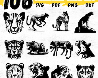 106 Cheetah Svg Dxf Png Pdf Bundle for Cricut Crafts, Wild Cat Silhouette Cut Files for Shirts, Tumblers, Stickers, and Safari Projects