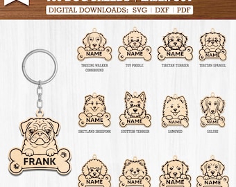 Pacote com 100 chaveiros com plaquinha de identificação para cachorro em formato SVG (versão fofa) | Arquivos para corte a laser | Arquivos de corte para plaquinhas de identificação gravadas na Glowforge | Download digital