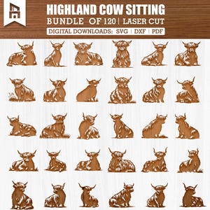 Sitting Highland Cow Laser Cut Bundle | 120 Highland Cow SVG DXF Designs for Glowforge, CNC, Laser Engraving, Farmhouse Wall Art
