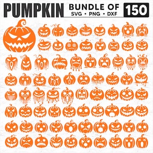 Puede incluir: Un conjunto de 150 archivos SVG, PNG y DXF de calabaza naranja. Las calabazas tienen diferentes expresiones faciales, incluyendo sonrientes, frunciendo el ceño y sorprendidas. Las calabazas son perfectas para manualidades y decoraciones de Halloween.