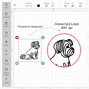 May include: A black and white line art illustration of a dog's head in a circle. The text "Connected Lines 300 dpi" is written above the circle.