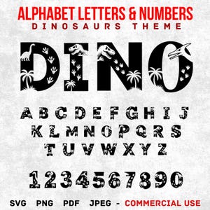 Alphabet dinosaure SVG Bundle avec lettres et chiffres Svg Png - dinosaure lettres SVG, police dinosaure T-Rex, fichiers de coupe Cricut enfants pour travaux manuels