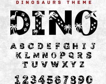 Pakiet SVG z alfabetem dinozaurów z literami i cyframi SVG PNG - litery dinozaurów SVG, czcionka dinozaura T-Rex, pliki Cricut Cut dla dzieci do rękodzieła