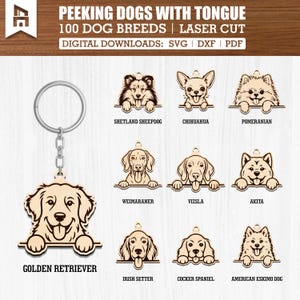 May include: A wooden keychain featuring laser-cut dog breed designs. The keychain includes a Golden Retriever, Shetland Sheepdog, Chihuahua, Pomeranian, Weimaraner, Vizsla, Akita, Irish Setter, Cocker Spaniel, and American Eskimo Dog. Text reads "PEEKING DOGS WITH TONGUE".