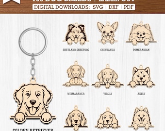 Pacote com 100 imagens SVG engraçadas de cachorro espiando com a língua de fora para chaveiro | Arquivos para corte a laser de chaveiros de animais de estimação | Arquivos de corte gravados para plaquinhas de identificação de cachorro na Glowforge