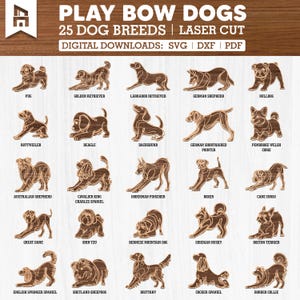 Paquete de 25 razas de perros con lazo para jugar, SVG, DXF y PDF para manualidades con Cricut, siluetas de perros cortadas con láser, adorables archivos de corte de cachorros para amantes de las mascotas.
