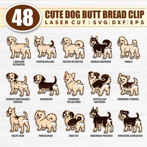 Op de afbeelding: Een verzameling van 15 lasergesneden houten hondenrasontwerpen, waaronder een Labrador Retriever, Franse Bulldog en Golden Retriever. De afbeelding bevat de tekst "48 CUTE DOG BUTT BREAD CLIP" en rasnamen.