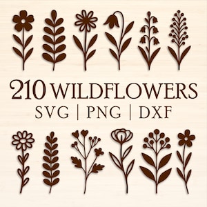 May include: A collection of brown wildflower designs in various shapes, including flowers and leaves. The text "210 WILDFLOWERS SVG | PNG | DXF" is displayed in a brown font, indicating the file types available.
