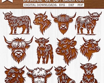Paquete de 50 plantillas de vaca de las tierras altas, Svg, PDF, Dxf, corte láser: mandala de vaca en capas, Svg Glowforge, Svg de vaca en capas múltiples, Cnc, archivos de corte