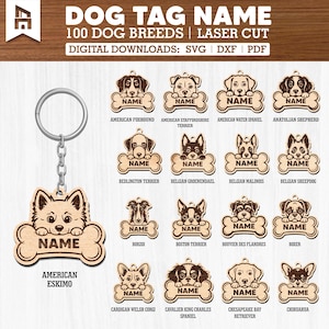 Pode incluir: Uma etiqueta de cão de madeira com um design de Esquimó Americano, presa a um porta-chaves. A etiqueta apresenta uma ilustração de um cão segurando um osso com a palavra "NAME". A imagem também exibe 100 raças de cães.