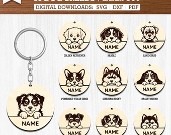 Pacote com 36 chaveiros circulares personalizados de raças de cães SVG | Arquivos de corte a laser para cães para Glowforge e Cricut