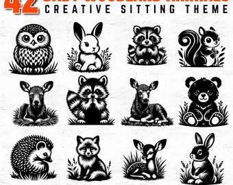 42 Creative Baby Woodland Animals Sitting Pose Svg Dxf Png Pdf Bundle for Cricut, Sublimation, Prints, and Laser Cut, Cute Forest Creatures