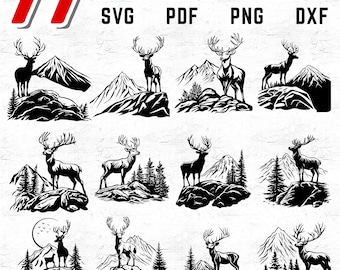Paquete SVG de 77 ciervos con montañas para manualidades de Cricut, siluetas de vida silvestre, archivos de corte rústicos de ciervos y montañas para actividades al aire libre y caza.