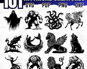 101 mythisch wezen SVG DXF PDF-bundel voor Cricut Crafts, Fantasy Silhouette Cut-bestanden voor magie, legendes en sprookjesprojecten