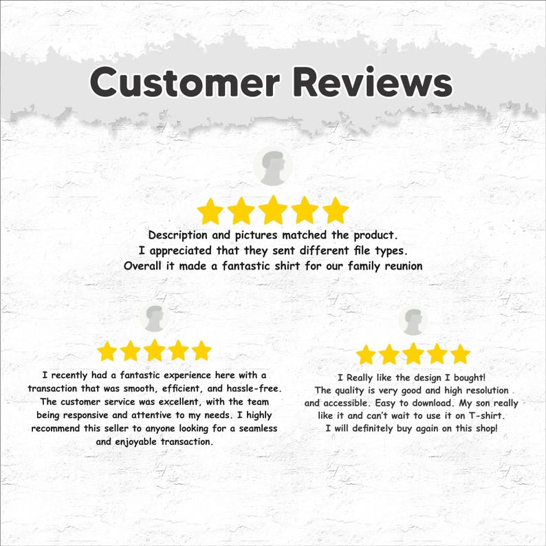 May include: Five-star customer reviews for a digital design shop. The reviews highlight the quality of the design, the ease of download, and the excellent customer service.
