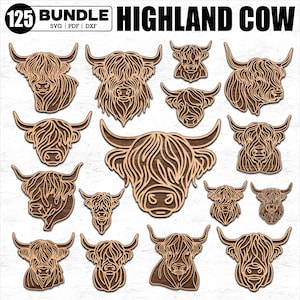 May include: A digital download of 125 SVG, PDF, and DXF files featuring Highland Cow designs. The designs are perfect for crafting projects like cutting, etching, and engraving.