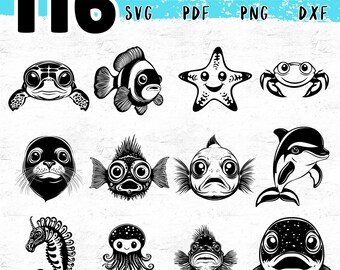 116 Baby Underwater Animal SVG DXF PDF Bundle for Cricut Crafts, Cute Ocean Silhouette Cut Files for Nursery and Sea Life Projects