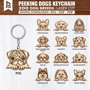 Lot de 200 races de chiens avec dessin au trait Svg avec bélière - ornements pour chiens, motifs découpés au laser multicouches, fichier découpé au plasma CNC Glowforge