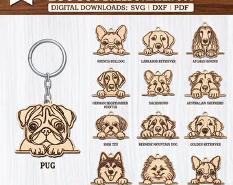 200 Hunderassen, die Linie Art-Svg-Bundle-Schlüsselbund mit Öse - Hundeverzierungen, Multi-Layer-Laserschnitt-Designs, Glowforge CNC-Plasma-Schnittdatei