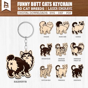Op de afbeelding: Houten sleutelhanger met lasergegraveerde kattenrassen, waaronder Perzisch, Maine Coon en Siamees. De sleutelhanger heeft een zilveren ring en ketting. De tekst op de afbeelding luidt "FUNNY BUTT CATS KEYCHAIN" en "50 CAT BREEDS | LASER ENGRAVE".