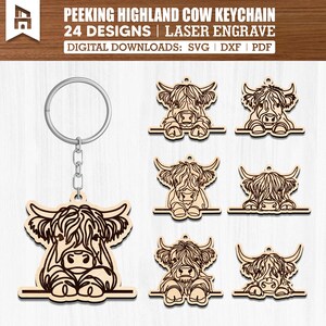 May include: Wooden keychain with a peeking Highland cow design. The keychain has a metal ring and chain. The image displays several laser-engraved Highland cow designs, and the text "PEEKING HIGHLAND COW KEYCHAIN 24 DESIGNS | LASER ENGRAVE".