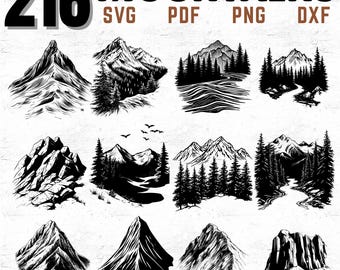 216 Mountain SVG PNG PDF Dxf Bundle for Cricut and Silhouette, Nature Landscape Clipart Set, Forest Mountain Adventure Digital Designs
