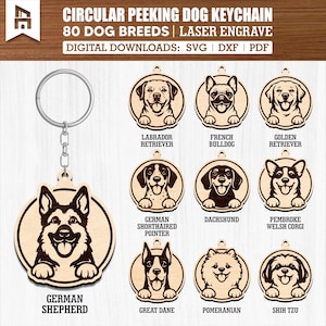 May include: A wooden keychain featuring a German Shepherd dog design, with a metal chain and ring. The image also displays other dog breeds, including Labrador Retriever, French Bulldog, and Golden Retriever. Text on the image reads "CIRCULAR PEEKING DOG KEYCHAIN".