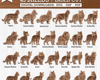 May include: Line art illustrations of 45 different cat breeds, each standing in a profile pose. The illustrations are in black and white and are set against a woodgrain background. The names of each breed are listed below the illustrations.