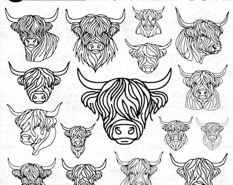125 Line Art Highland Cow Head Svg Files - Cow Face Png, Highland Cow Cut File, Farmhouse Svg, Highland Cow Clipart, Baby Cow Svg, Dxf, PNG