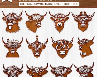 Paquete de 62 siluetas de vacas de las Tierras Altas (SVG, DXF, PNG y PDF) para manualidades cortadas con láser. Archivos de siluetas de animales de granja para camisetas, letreros, tazas y decoración rústica.