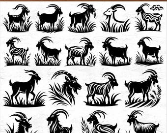 Bundle SVG de 56 chèvres avec des cliparts Silhouette d'herbe pour machines de découpe Cricut Fichiers vectoriels PNG PDF, dessins et modèles Svg d'animaux de la ferme