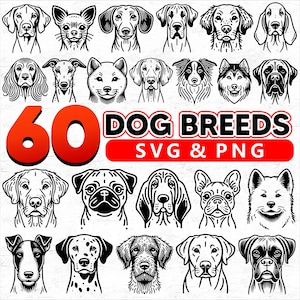 60 dog breeds minimalistic dog heads bundle, dog bundle svg files, puppy svg, dog png, dog clipart, cut files, instant download