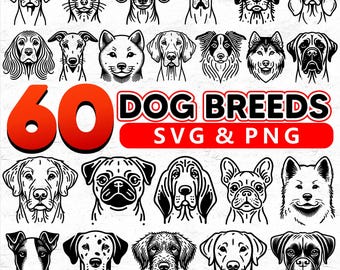 60 dog breeds minimalistic dog heads bundle, dog bundle svg files, puppy svg, dog png, dog clipart, cut files, instant download