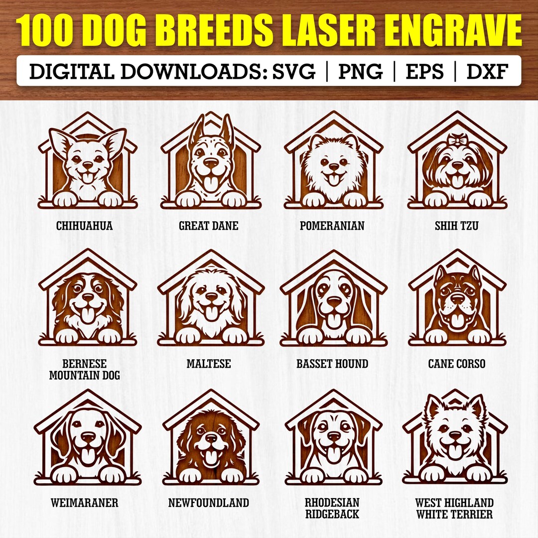 Peeking 100 Dog Breeds SVG Bundle Png Eps Dxf | Laser Engraving Files ...