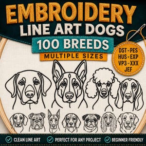 以下が含まれることがあります： 100種類の犬の品種のラインアート刺繍デザインセット。テキストには「EMBROIDERY LINE ART DOGS 100 BREEDS MULTIPLE SIZES」と書かれており、DST、PES、HUS、EXP、VP3、XXX、JEFのファイル形式が記載された円形のタグと、様々な犬の頭部のイラストが含まれています。